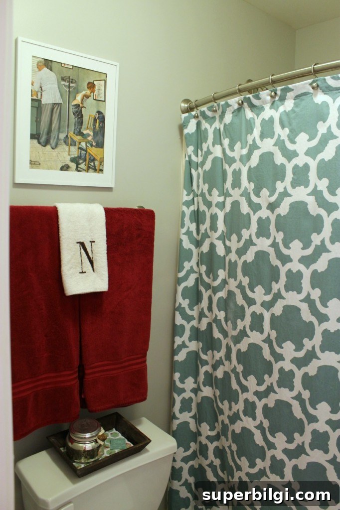 Americana-Style Guest Bathroom Makeover 16 Traditional-Americana Guest Bathroom Update: painted walls, cabinets, new hardware and a punch of color!