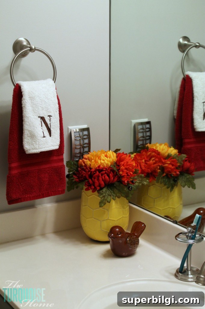 Americana-Style Guest Bathroom Makeover 18 Traditional-Americana Guest Bathroom Update: painted walls, cabinets, new hardware and a punch of color!