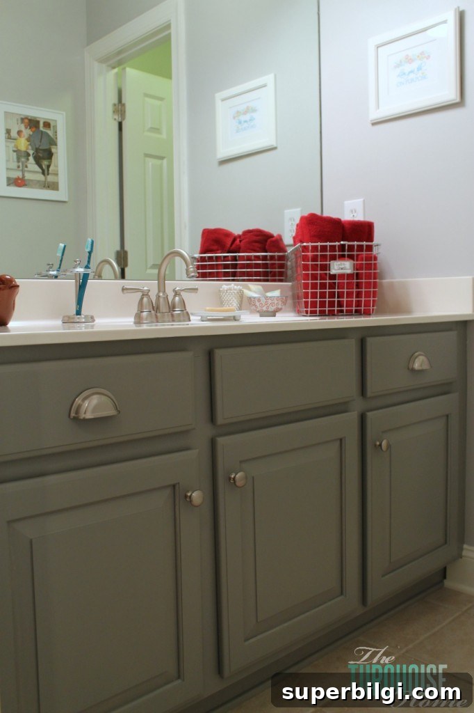 Americana-Style Guest Bathroom Makeover 7 Traditional-Americana Guest Bathroom Update: painted walls, cabinets, new hardware and a punch of color!