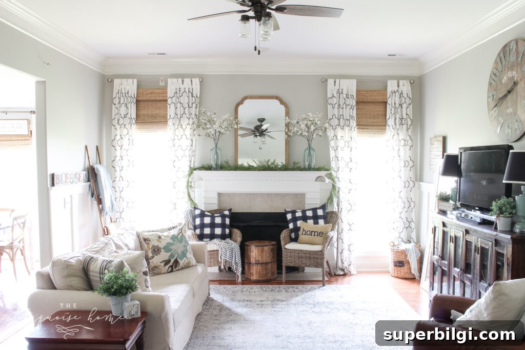 How to Stencil Curtains for Custom Window Treatments 7 Summer mantel with stenciled curtains