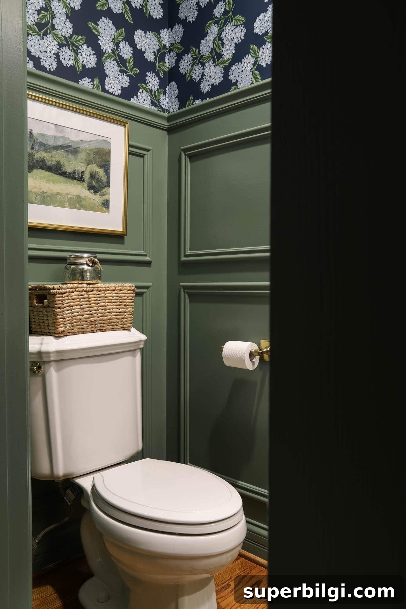 Blue and Green Traditional Powder Room Reveal: Before and After 8 Picture Frame Moulding in Calke Green
