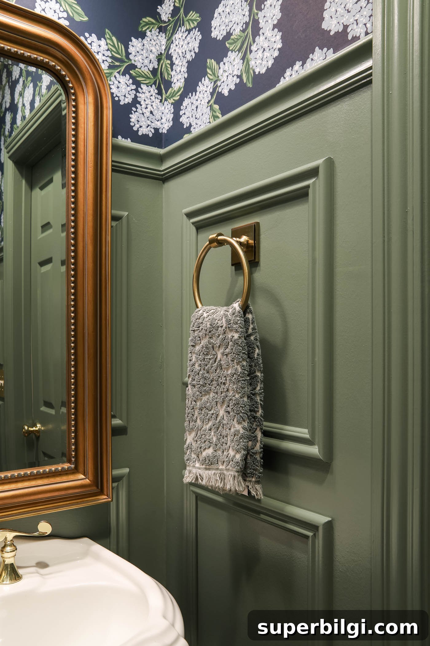 Blue and Green Traditional Powder Room Reveal: Before and After 9 New Brass Towel Ring in Powder Room Makeover