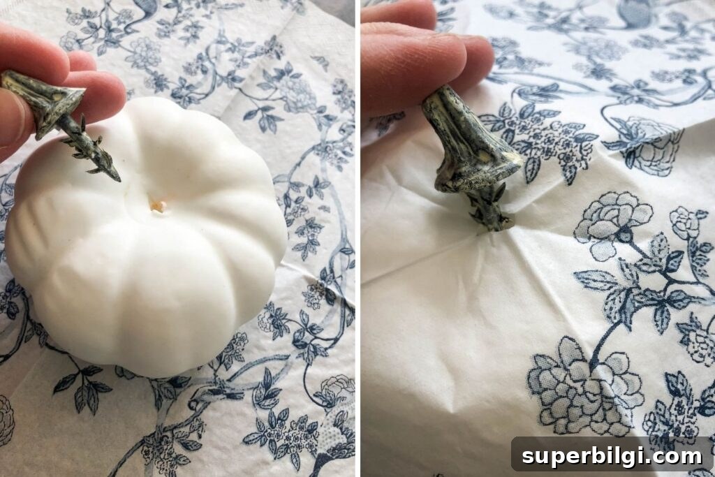 Make Chinoiserie Pumpkins: DIY Video Tutorial 5 Reinsert stem through napkin