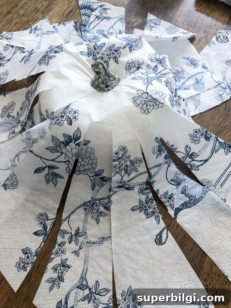 Make Chinoiserie Pumpkins: DIY Video Tutorial 6 Cut napkin into long strips