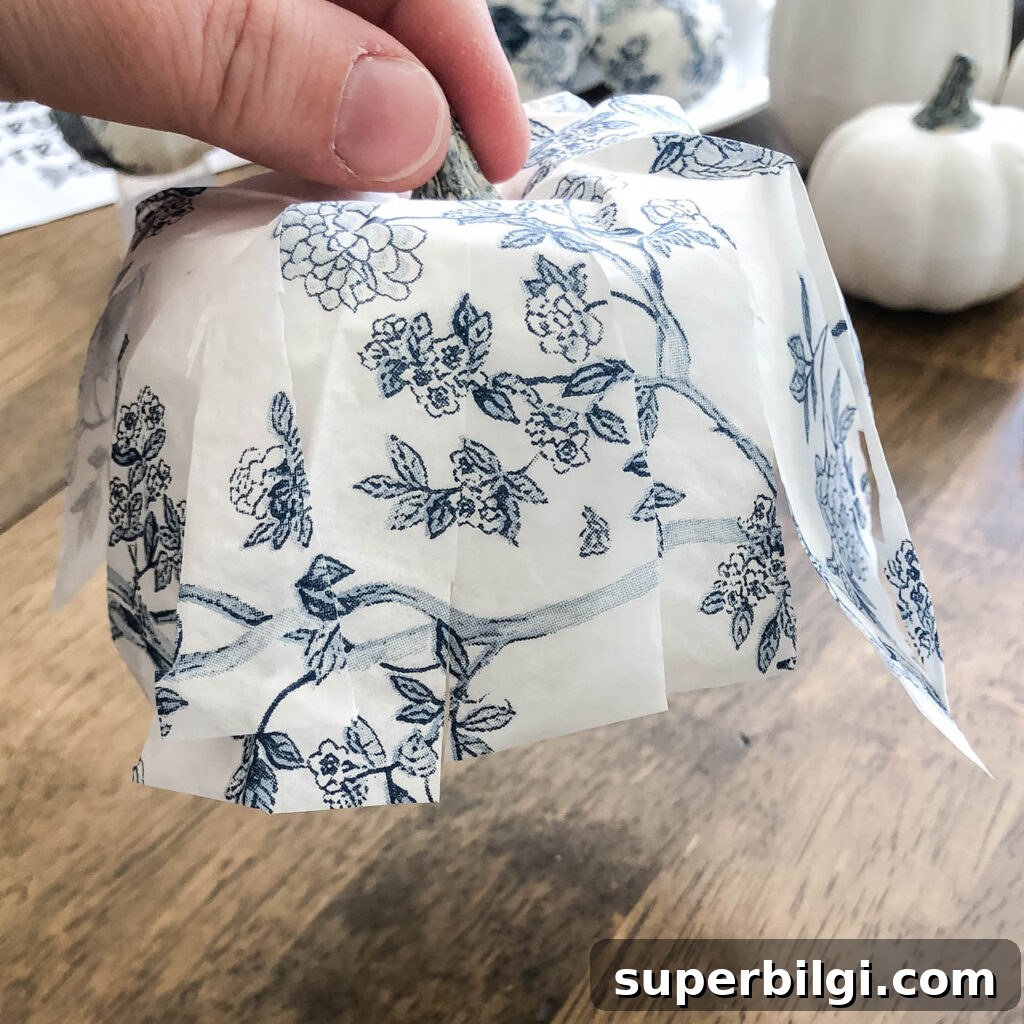 Make Chinoiserie Pumpkins: DIY Video Tutorial 7 Trim napkin strips to fit
