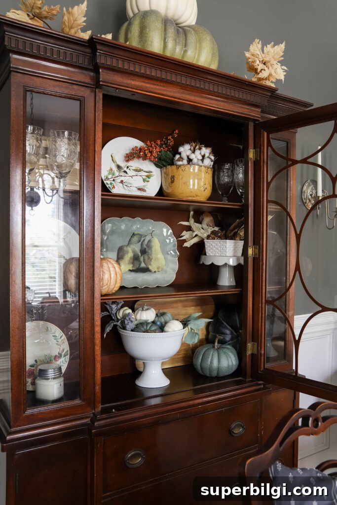Cozy Fall Dining and Living Room Decor Tour 8 Pear Platter and Fall Decor in China Cabinet
