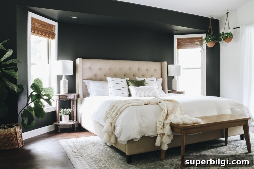 Sherwin-Williams Iron Ore Paint Color Guide 7 Iron Ore accent wall behind a bed