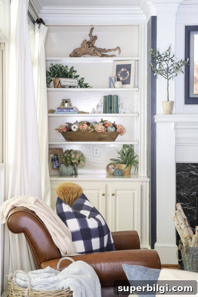 Free Navy and Orange Fall Printable Wall Art 4 Built-In Shelves with Fall Decor