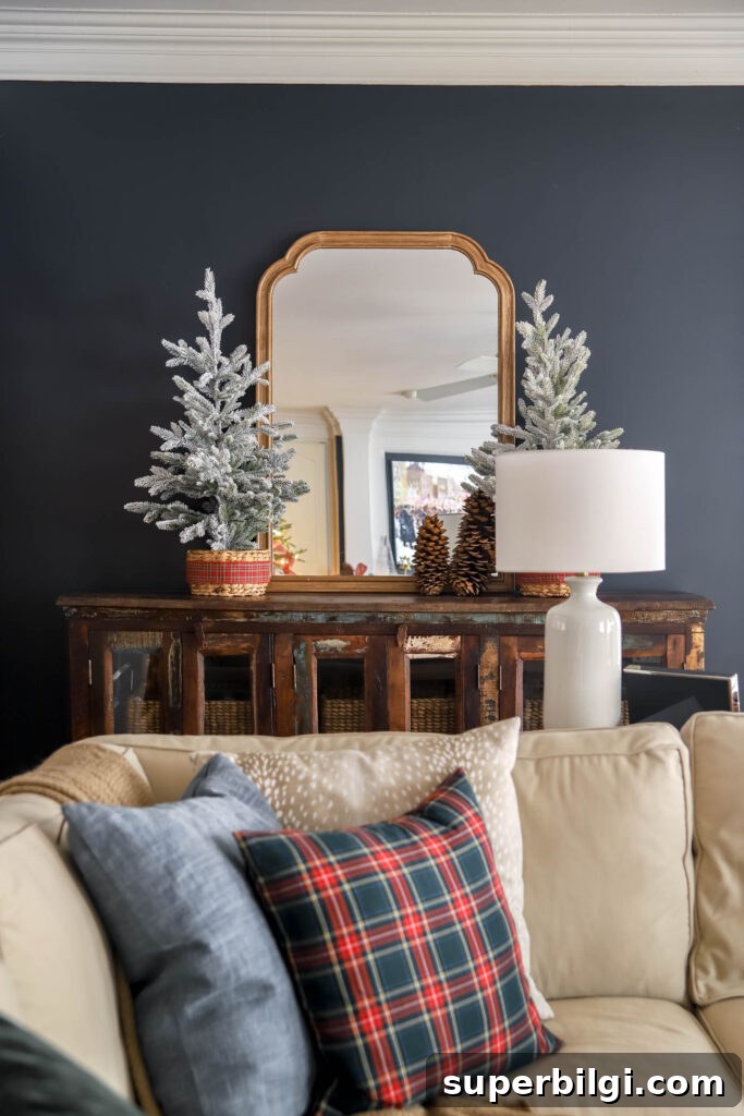 Navy Living Room with Christmas Decor