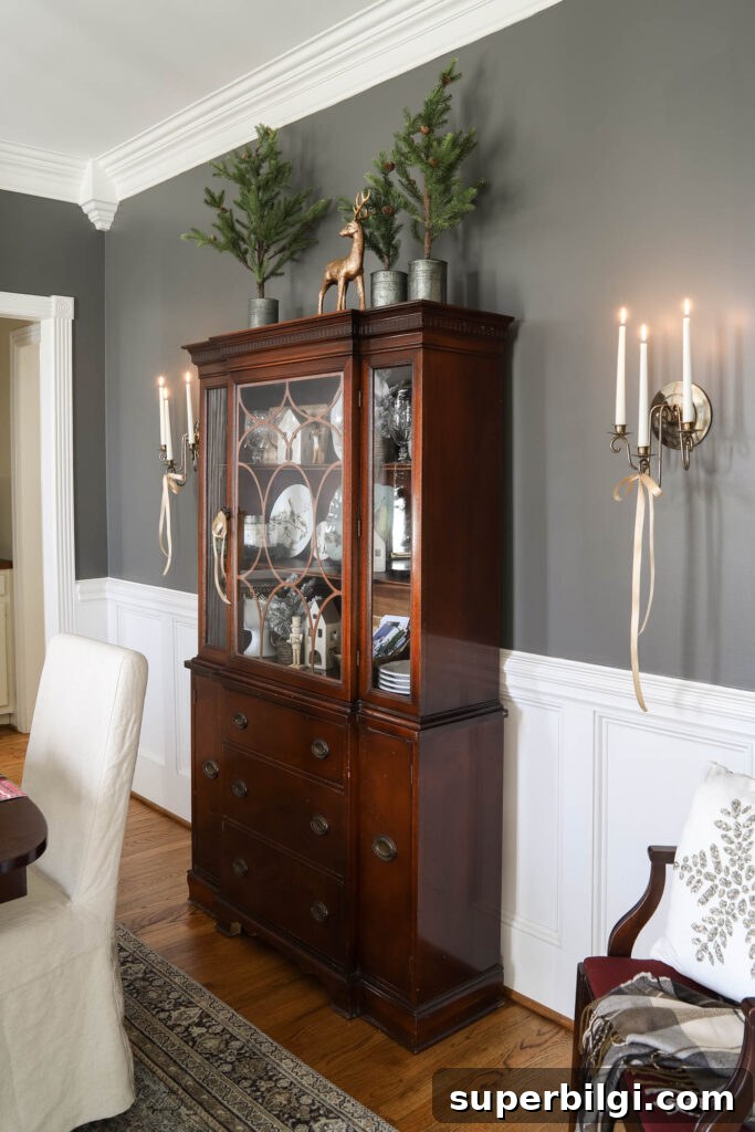 Christmas China Cabinet in a Gray Dining Room