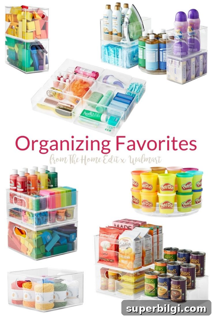 Clear organizing bins and systems displayed