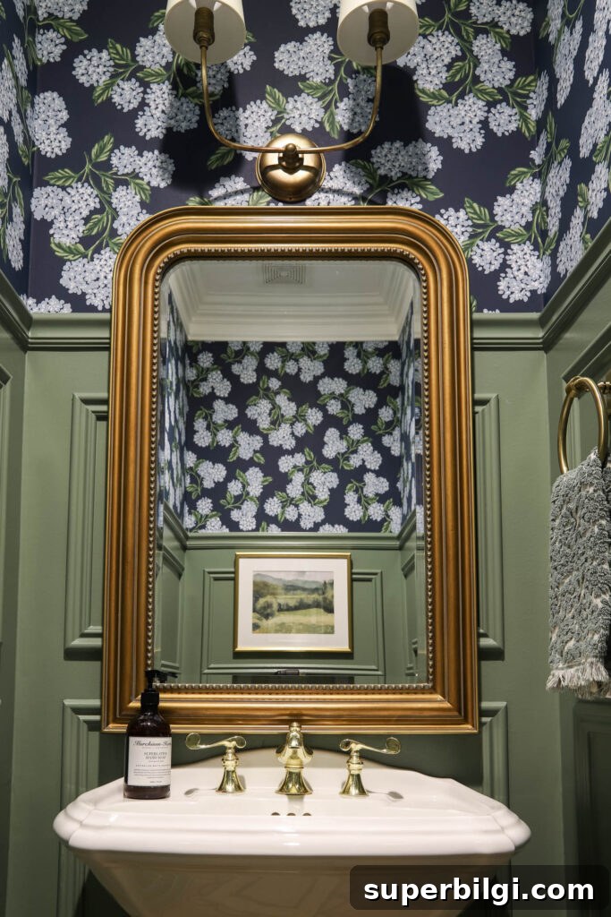 How to Choose the Right Wallpaper for Any Room 4 Powder room with navy hydrangea wallpaper