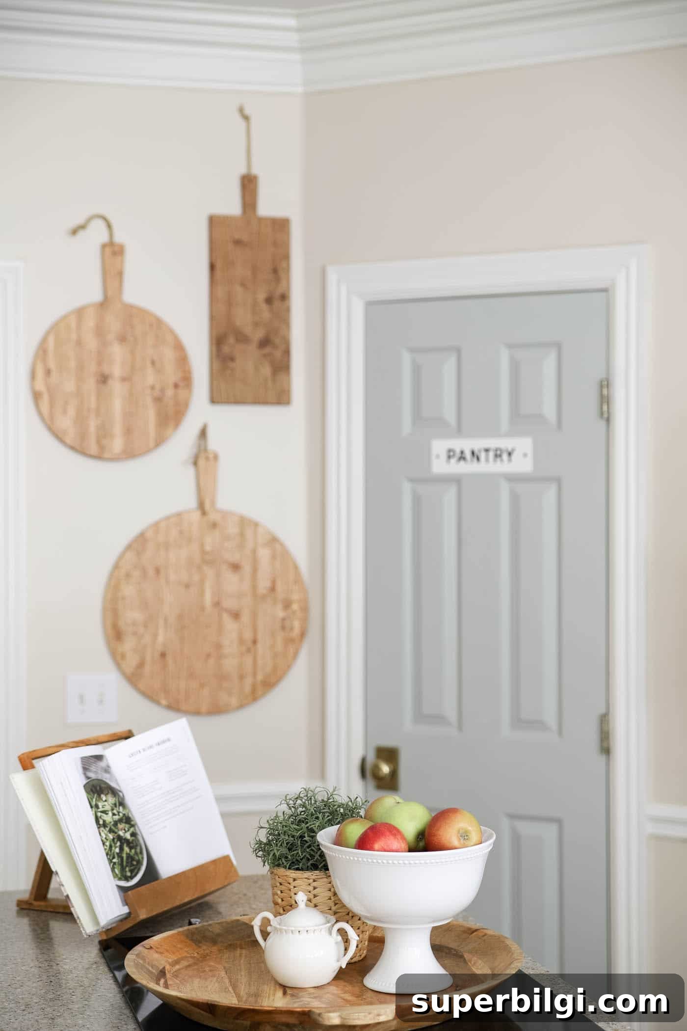 Kitchen island with blue pantry door