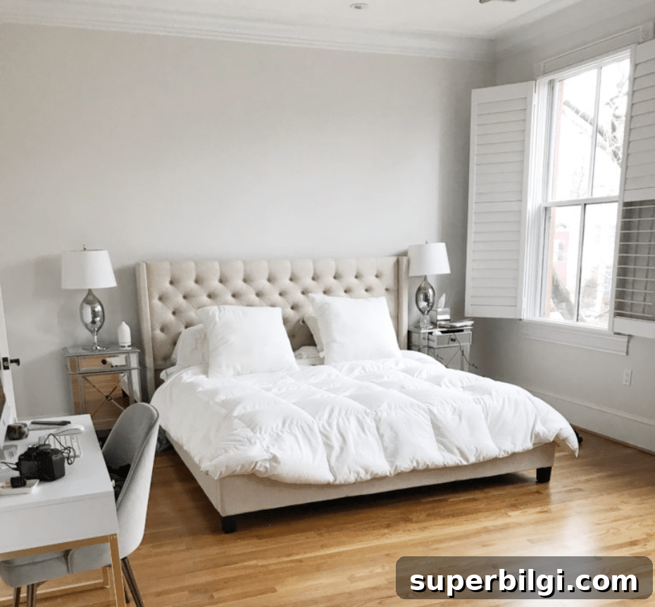 2026 Bedroom Paint Colors: 16 Shades for a Cozy, Relaxing Home 9 Silver Satin on walls in bedroom
