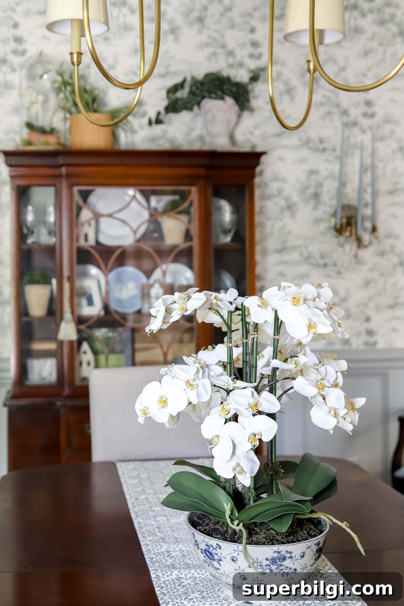 Faux Orchids in Blue and White Bowl