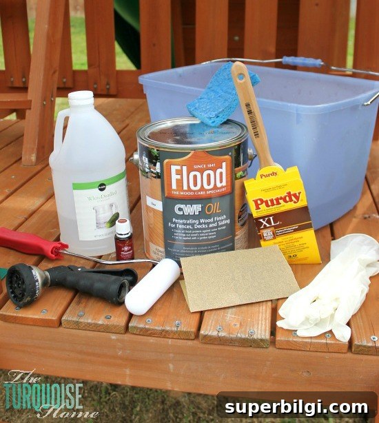 5 Steps to Stain Outdoor Wood for Decks, Fences and Sheds 4 Supplies Needed to Stain an Outdoor Structure {like a play set or deck} via TheTurquoiseHome.com