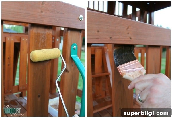 5 Steps to Stain Outdoor Wood for Decks, Fences and Sheds 7 5 Easy Steps to Stain an Outdoor Structure {like a play set or deck} via TheTurquoiseHome.com