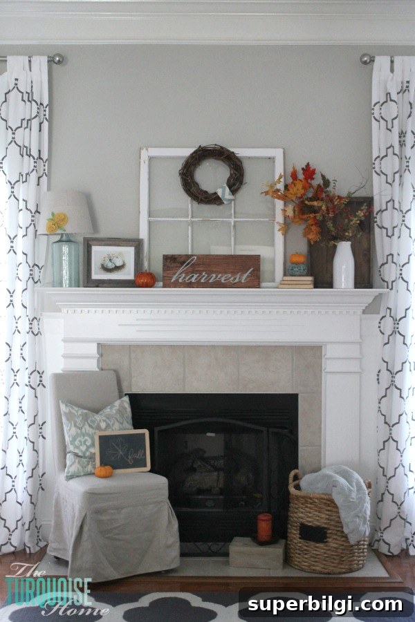 Turquoise and Orange Fall Home Tour: Warm Autumn Decor Ideas 18 Turquoise and Orange Fall Harvest Mantel | TheTurquoiseHome.com