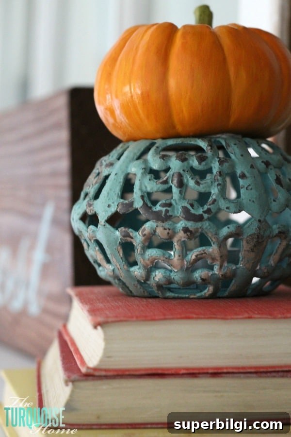 Turquoise and Orange Fall Harvest Mantel | TheTurquoiseHome.com