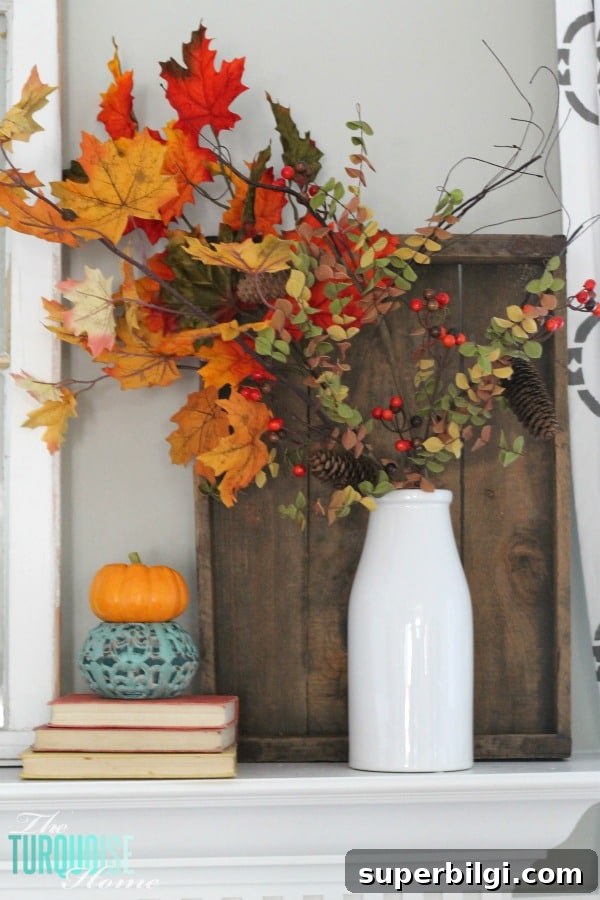 Turquoise and Orange Fall Harvest Mantel | TheTurquoiseHome.com