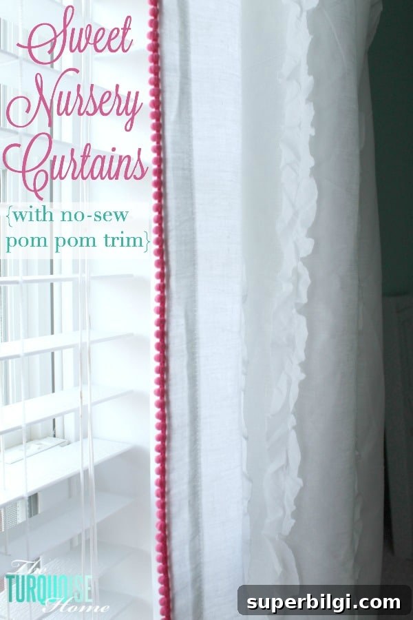 I love the little detail of the pom pom trim. And it's no-sew, my favorite!! Sweet Nursery Curtains with No-Sew Pom Pom Trim | TheTurquoiseHome.com