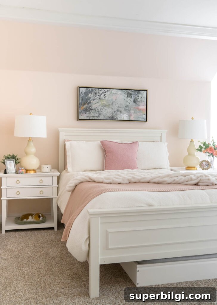 7 Nightstand Decor Ideas to Transform Your Bedroom 5 white full size bed with white nightstands and gold hardware in a teen girl bedroom.