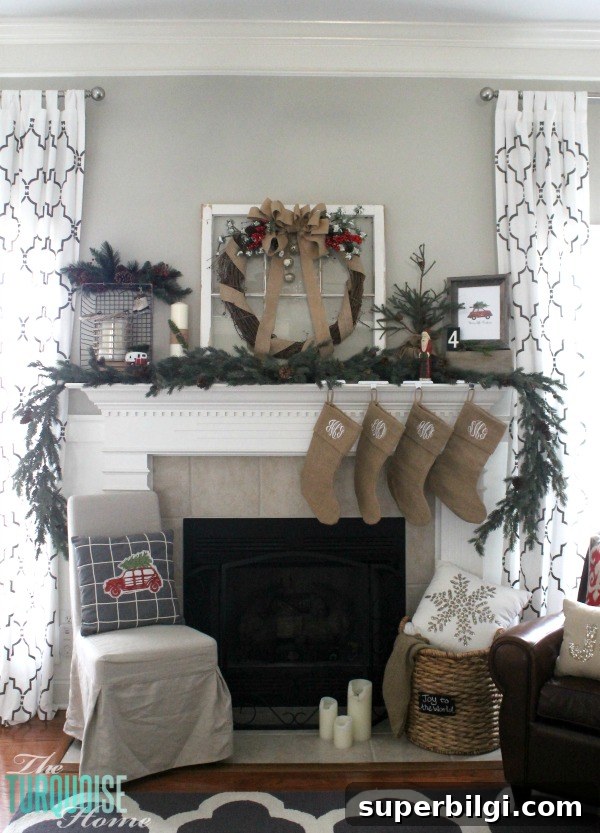 DIY Burlap Christmas Mantel and Our Baby Story 2 Simple Rustic (and a little glam) Christmas Mantel | TheTurquoiseHome.com