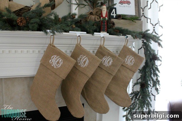 DIY Burlap Christmas Mantel and Our Baby Story 9 Simple Rustic (and a little glam) Christmas Mantel | TheTurquoiseHome.com