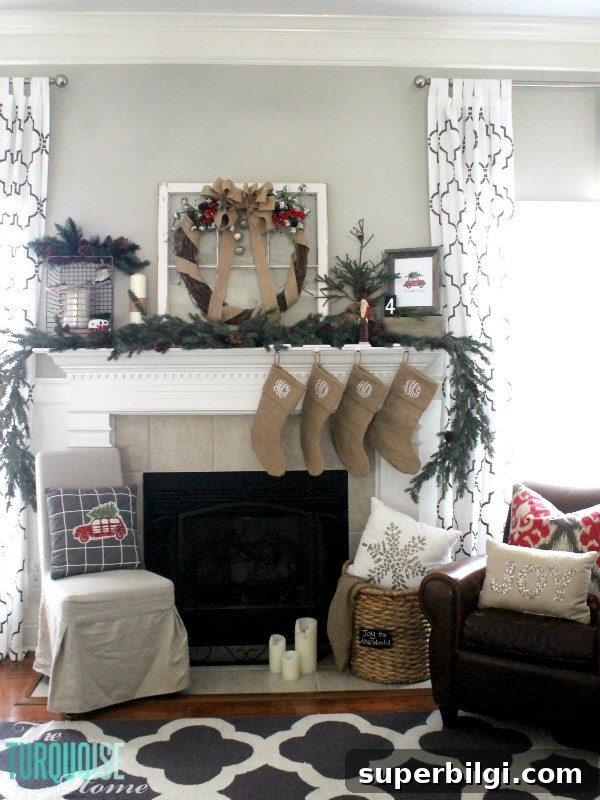 DIY Burlap Christmas Mantel and Our Baby Story 10 Simple Rustic (and a little glam) Christmas Mantel | TheTurquoiseHome.com