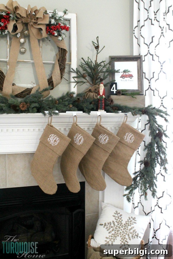 DIY Burlap Christmas Mantel and Our Baby Story 3 Simple Rustic (and a little glam) Christmas Mantel | TheTurquoiseHome.com