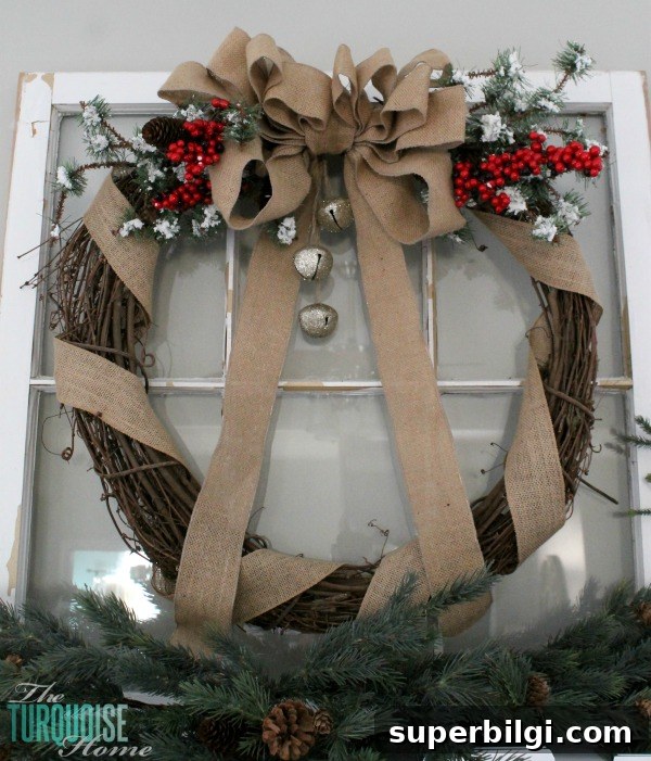 DIY Burlap Christmas Mantel and Our Baby Story 5 Simple Rustic (and a little glam) Christmas Mantel | TheTurquoiseHome.com