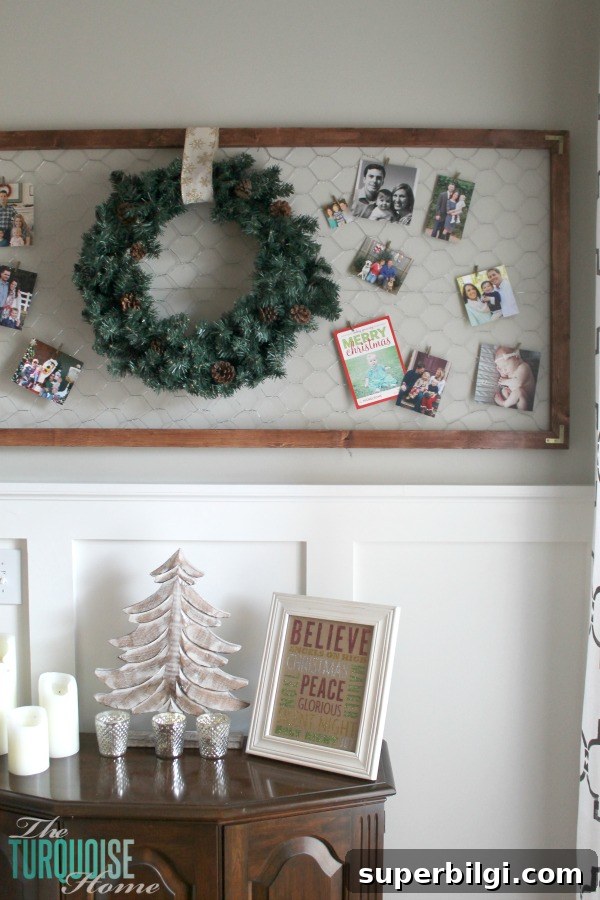 Christmas Living Room Decor Ideas to Transform Your Space 6 Easy framed chicken wire Christmas card holder | Simple Winter and Christmas Decor in the Living Room | TheTurquoiseHome.com