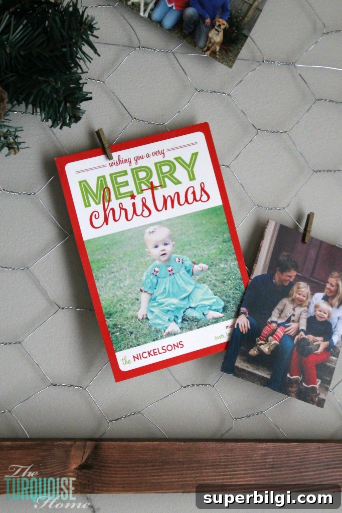 Christmas Living Room Decor Ideas to Transform Your Space 7 DIY easy framed chicken wire Christmas card holder | Simple Winter and Christmas Decor in the Living Room | TheTurquoiseHome.com