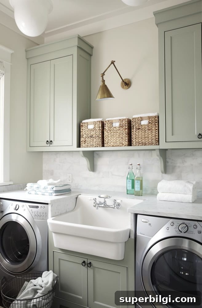 Laundry room with upper and lower cabinets painted in Oyster Bay