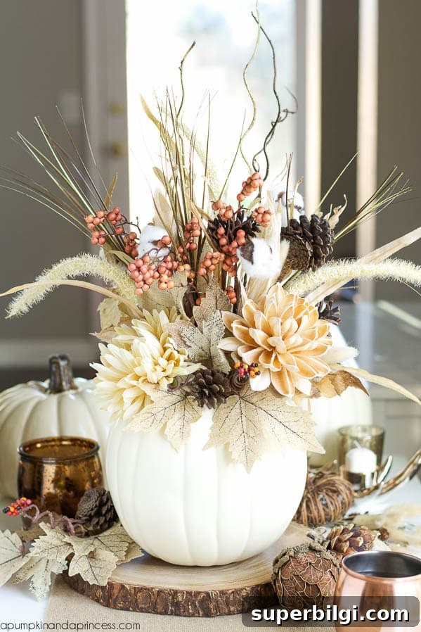 Stylish Fall Centerpiece Ideas for a Warm, Inviting Home 10 white pumpkin acting as a vase with a floral display inside
