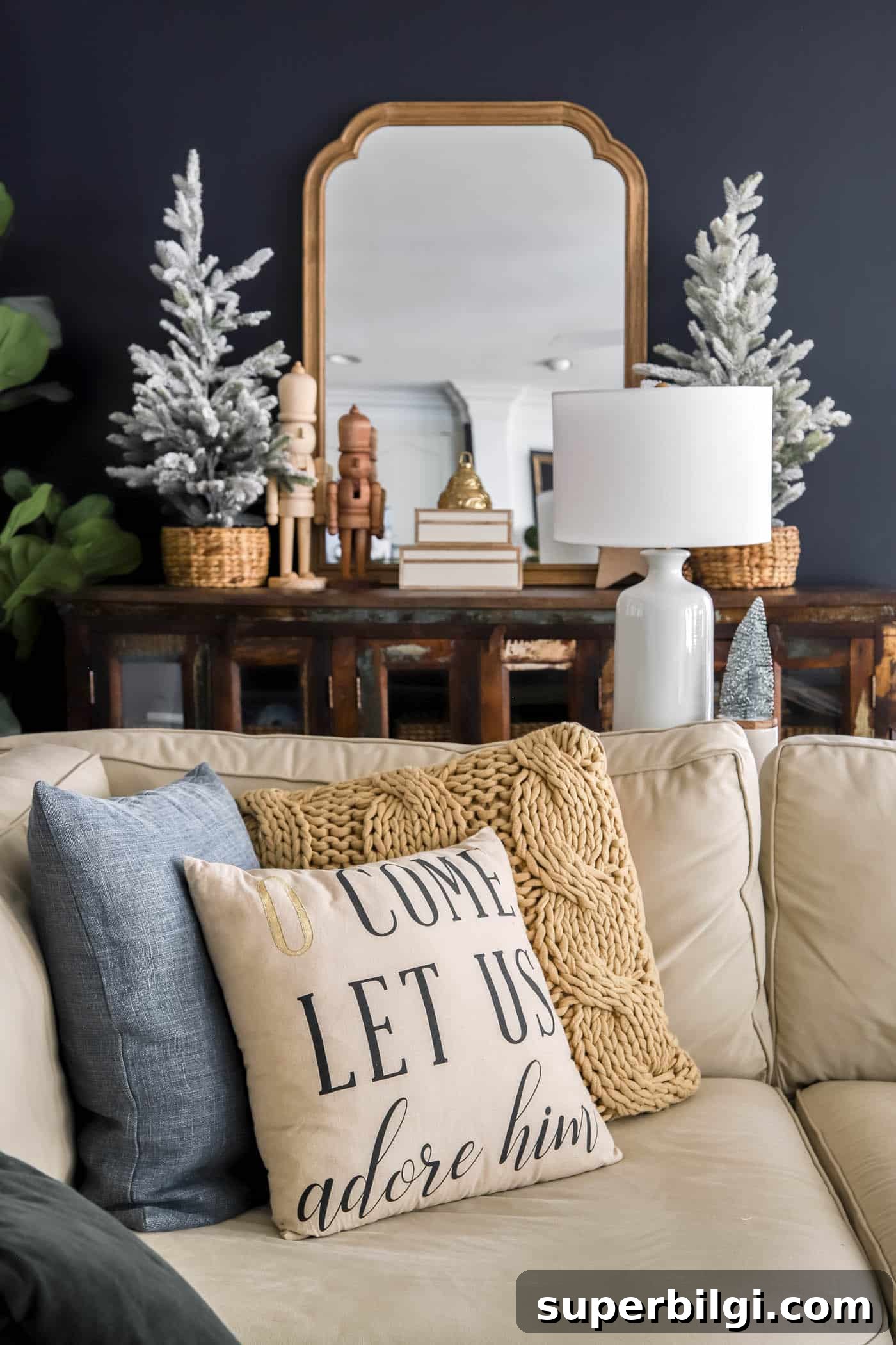 Blue and White Christmas Living Room Decor Ideas 9 Christmas Decorated Media Cabinet in Navy Living Room
