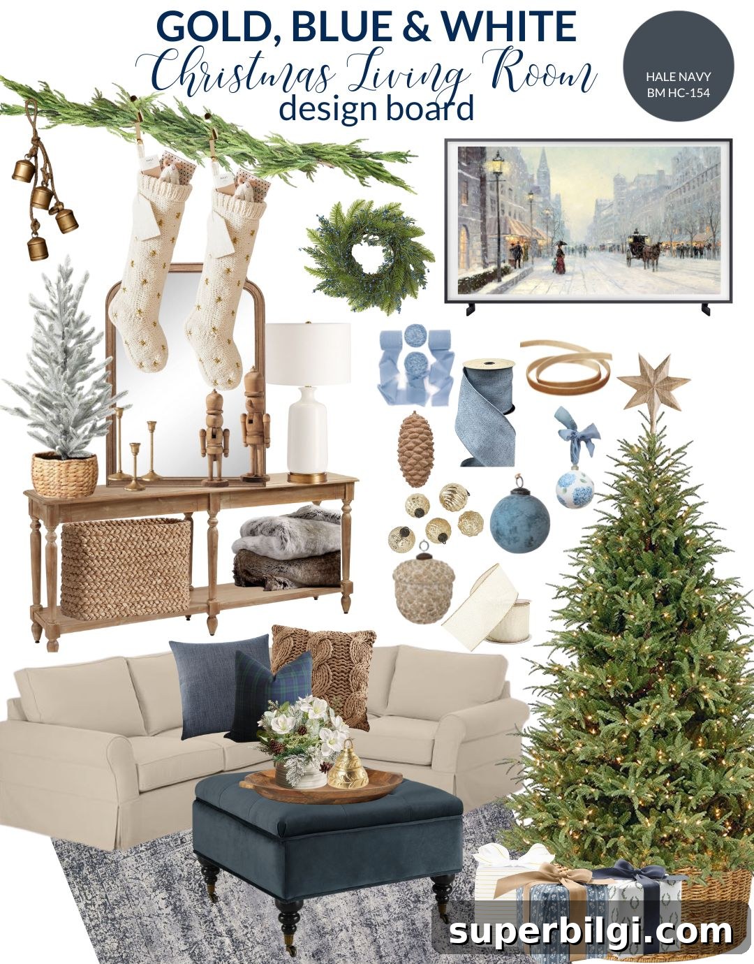 Blue and White Christmas Living Room Decor Ideas 3 Gold, Blue and White Christmas Decor