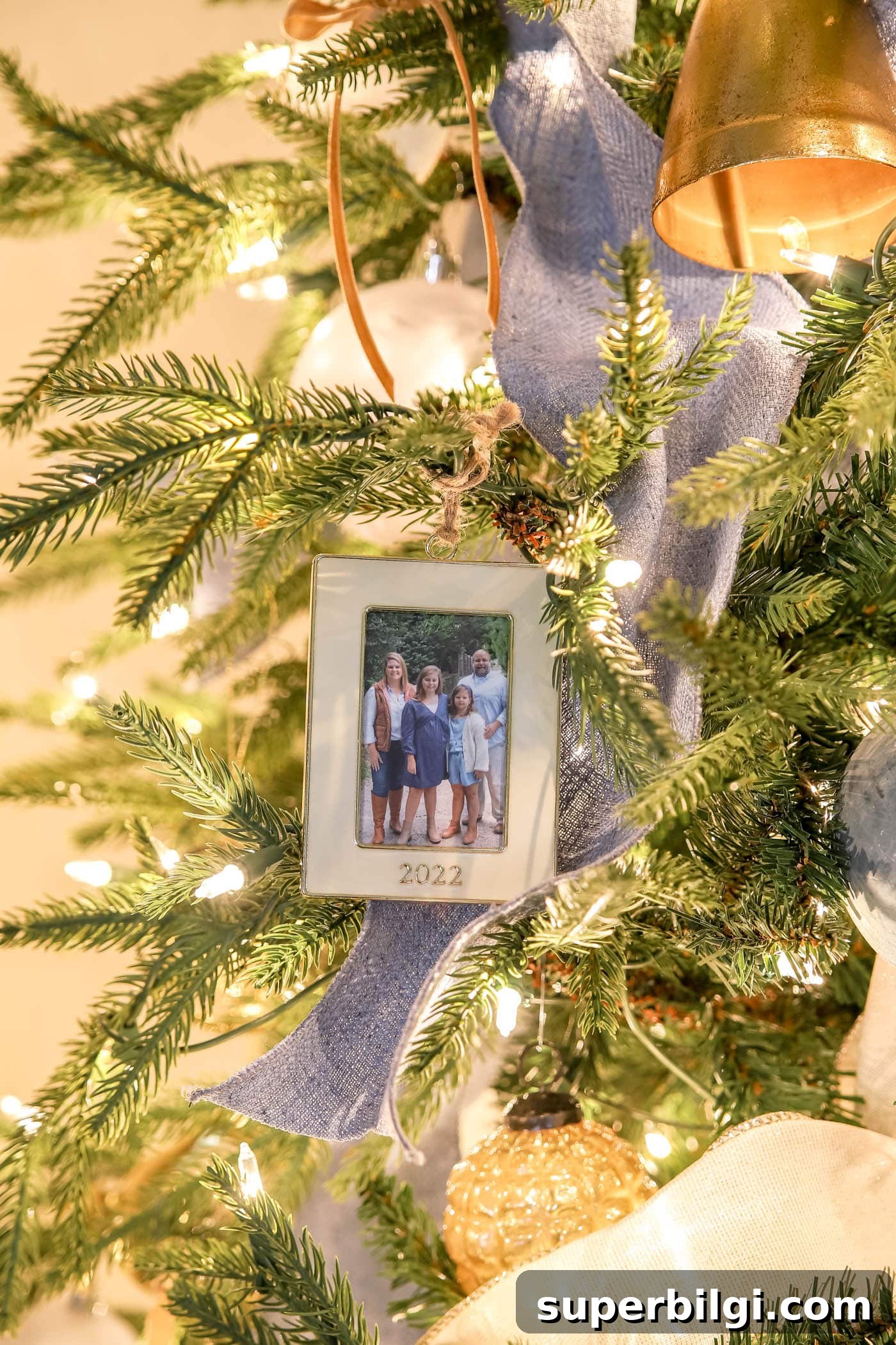 Blue and White Christmas Living Room Decor Ideas 8 yearly family picture in ornament frame