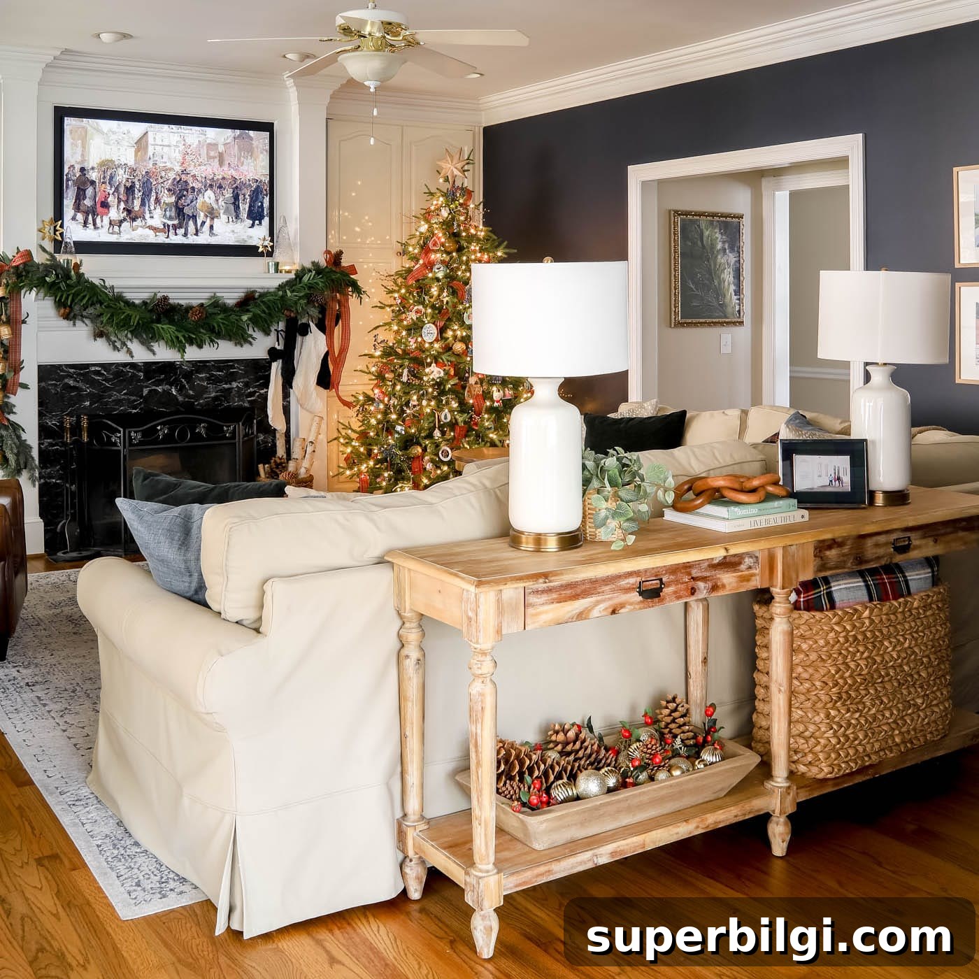 7 Creative Ways to Decorate with Christmas Bells 10 Holiday decor in living room with basket of ornaments and pinecones