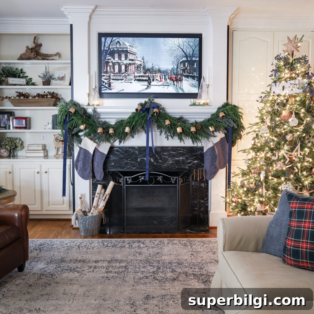 7 Creative Ways to Decorate with Christmas Bells 7 Mantel draped in holiday greenery garland with Christmas bell decoration added on