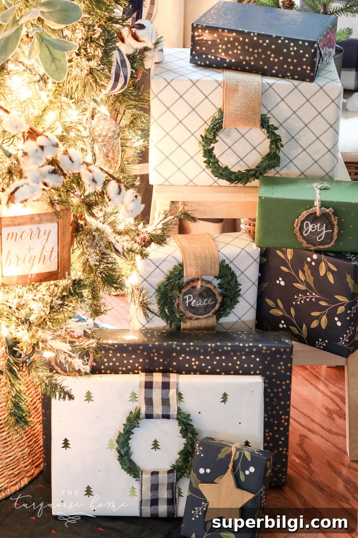Creative Christmas Gift Wrapping Ideas and DIY Tips 7 wreath embellishment on present
