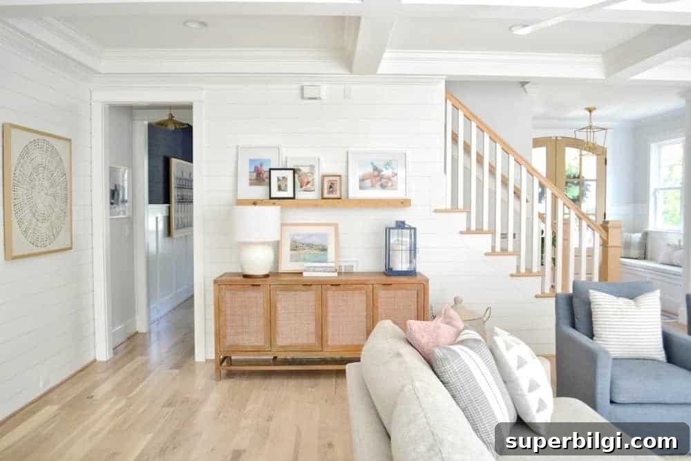 Sherwin-Williams Extra White SW 7006 Paint Color Guide 6 white shiplap walls in living room
