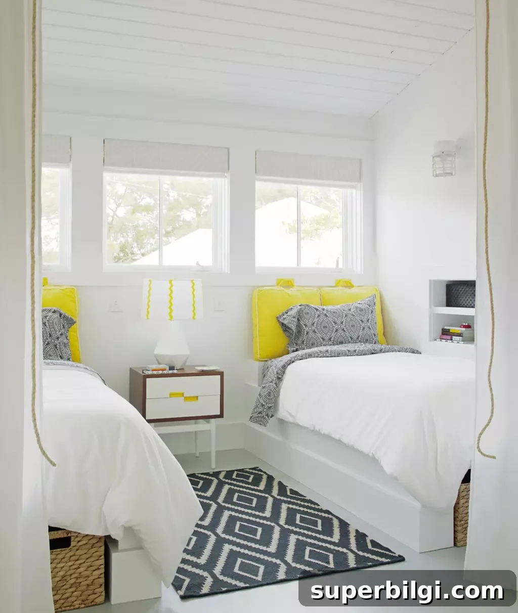 Sherwin-Williams Extra White SW 7006 Paint Color Guide 7 bedroom with twin beds and walls and ceiling painted in SW Extra White