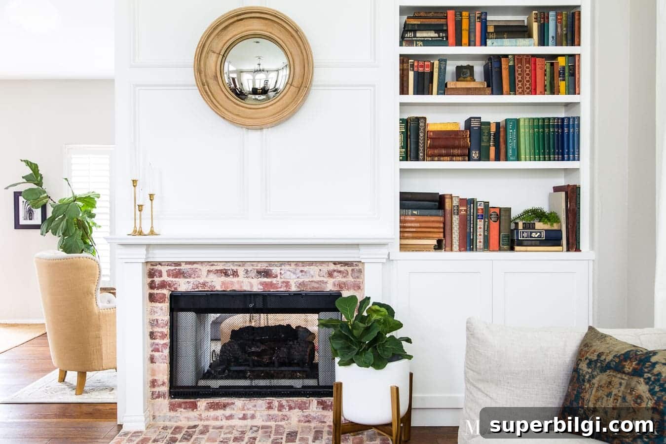Sherwin-Williams Extra White SW 7006 Paint Color Guide 8 Fireplace and built-ins painted Extra White