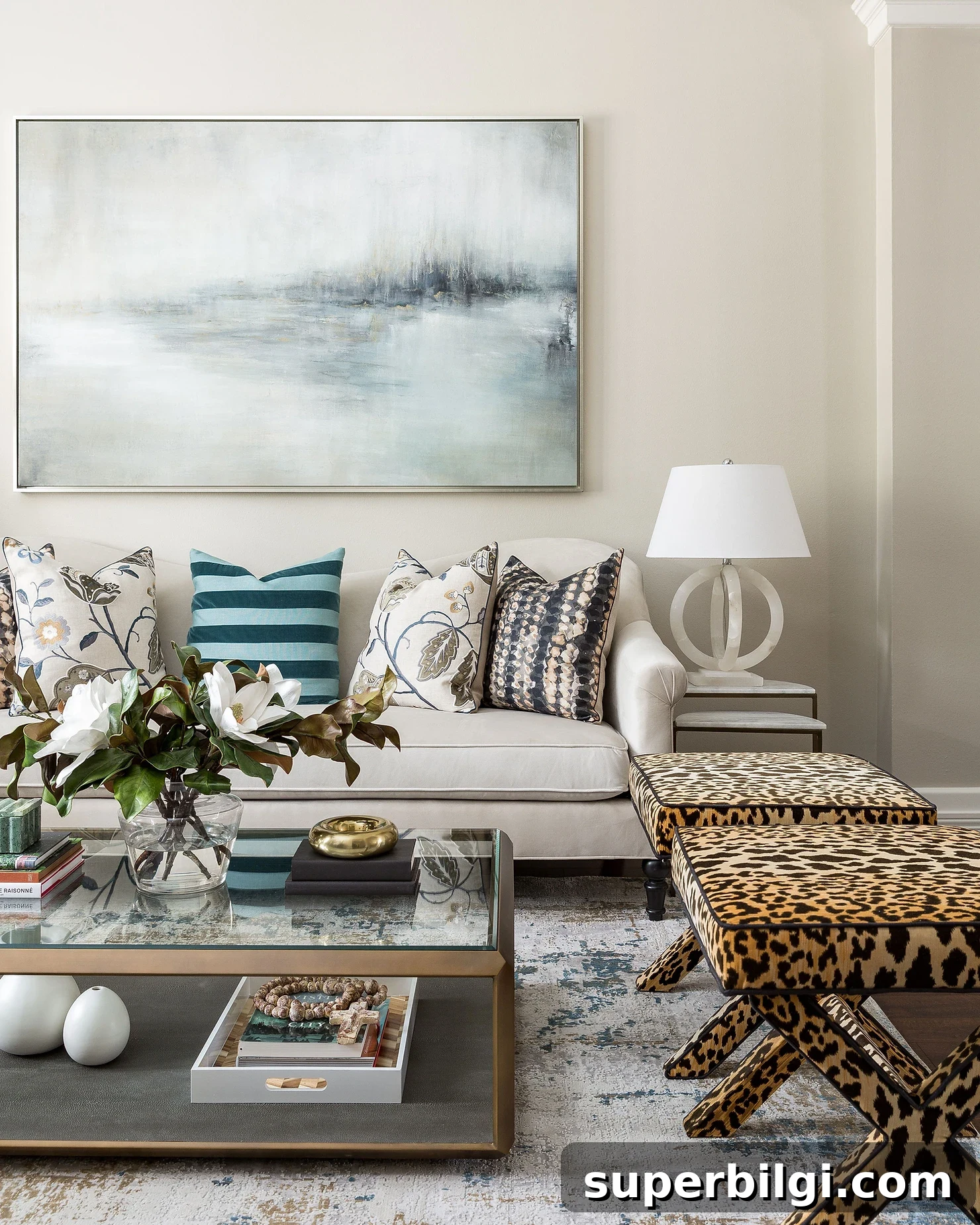 Benjamin Moore Balboa Mist: Soft Greige Paint Color 3 living room with bold patterned decor and greige walls