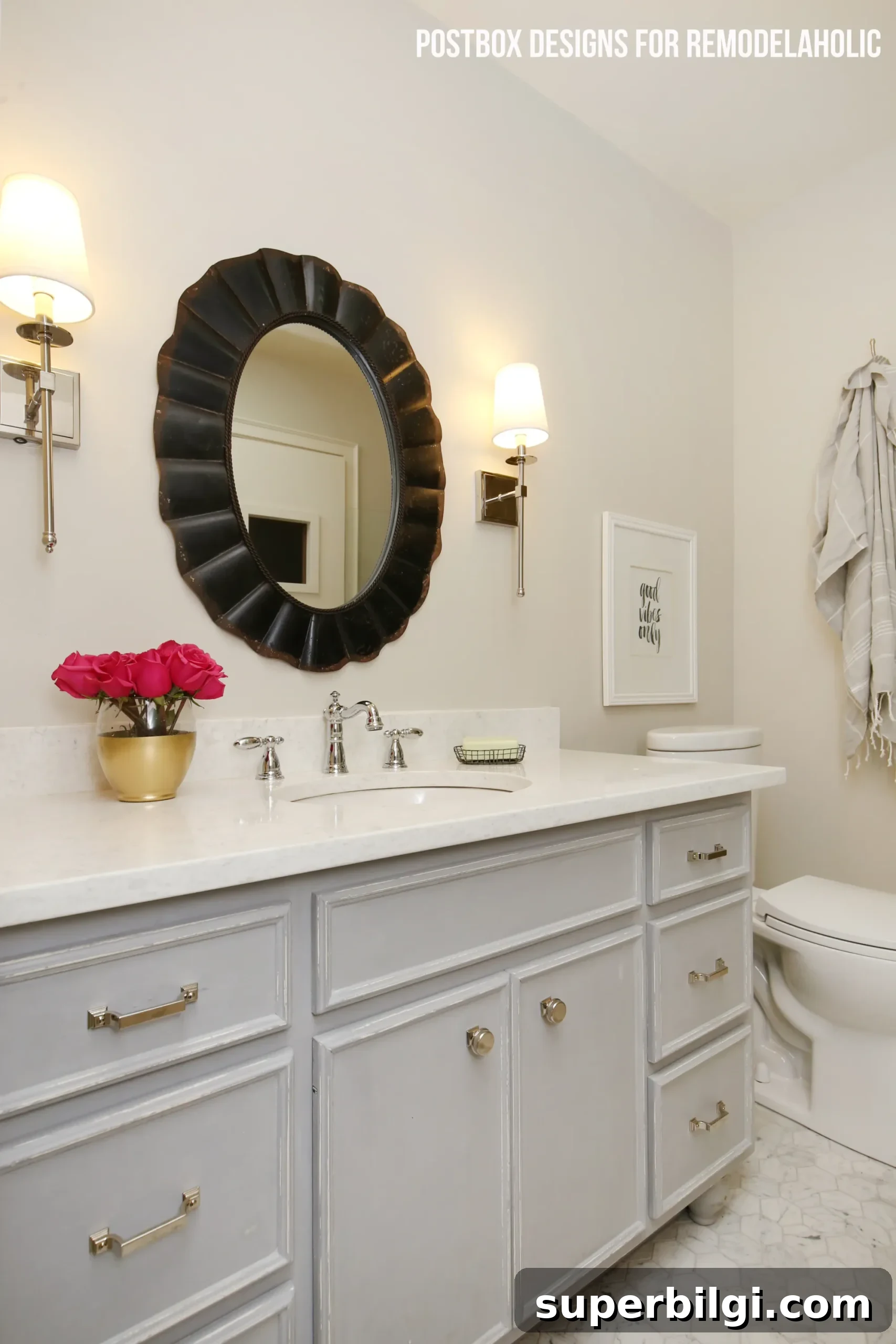 Benjamin Moore Balboa Mist: Soft Greige Paint Color 4 bathroom with BM Balboa Mist walls and gray vanity