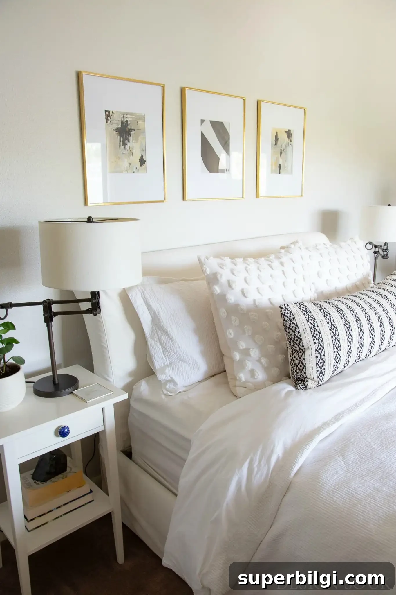 Benjamin Moore Balboa Mist: Soft Greige Paint Color 6 white linen bedding on an upholstered bed in a guest room