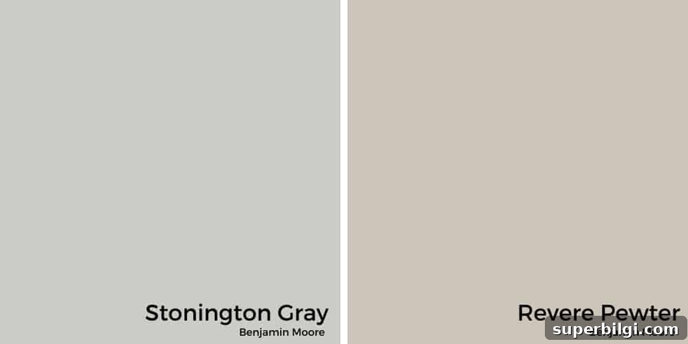 Benjamin Moore Stonington Gray Paint Color: Swatches & Hex Code 7 Stonington Gray vs. Revere Pewter