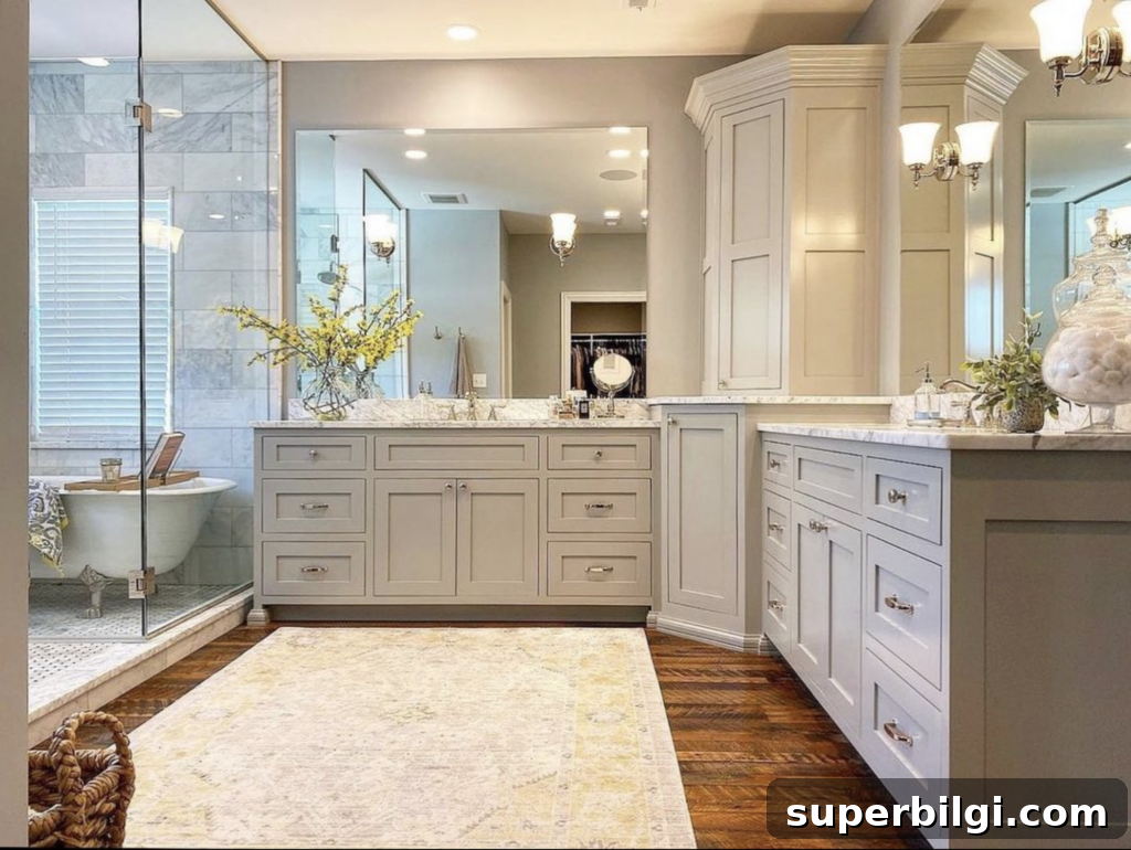 Benjamin Moore Stonington Gray Paint Color: Swatches & Hex Code 6 Spacious gray bathroom with clawfoot tub inside the shower and a large area rug on the floor.