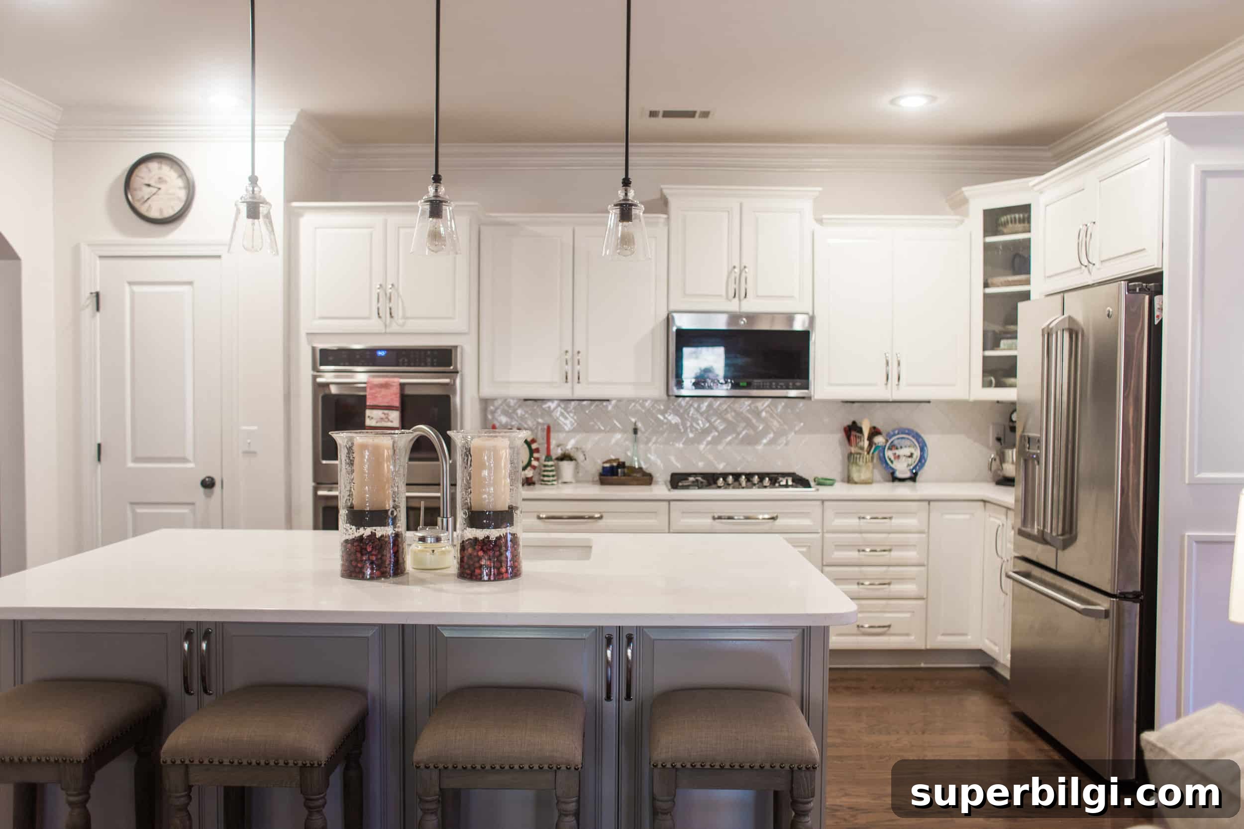 15 Neutral Paint Colors Trending in 2025 10 neutral paint colors featured in large kitchen including BM Sea Pearl